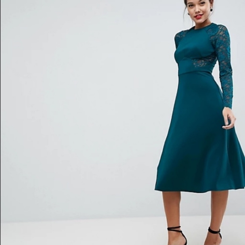 Asos Long-Sleeve Lace Midi Dress - Forest Green - Size 4